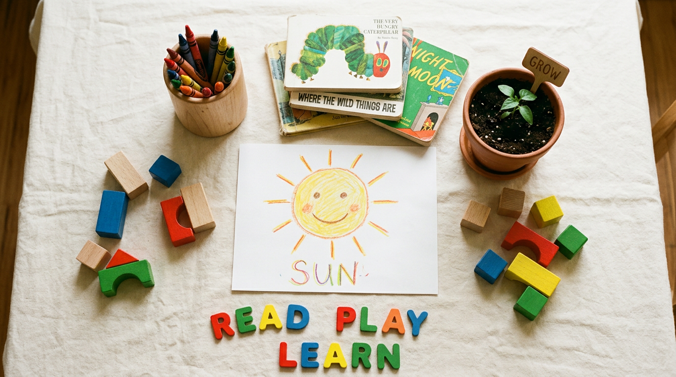 Early learning materials flat lay